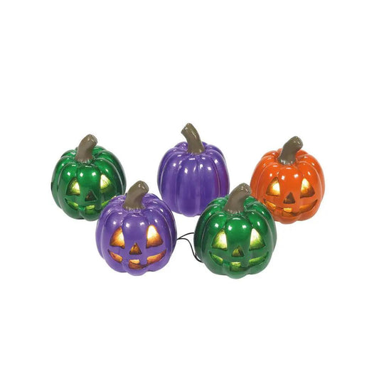Lit Shiny Pumpkin String Lights with six pumpkins in green purple orange faces on Tampa Home & Garden Store