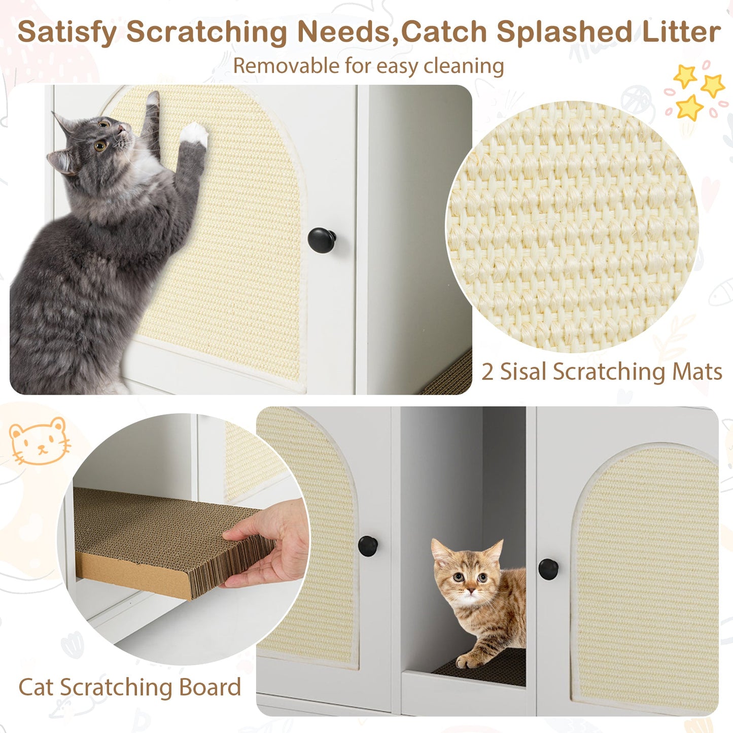 Cat Litter Box Enclosure with Storage, white finish, 2 sisal mats, cat scratching board on Tampa Home & Garden Store
