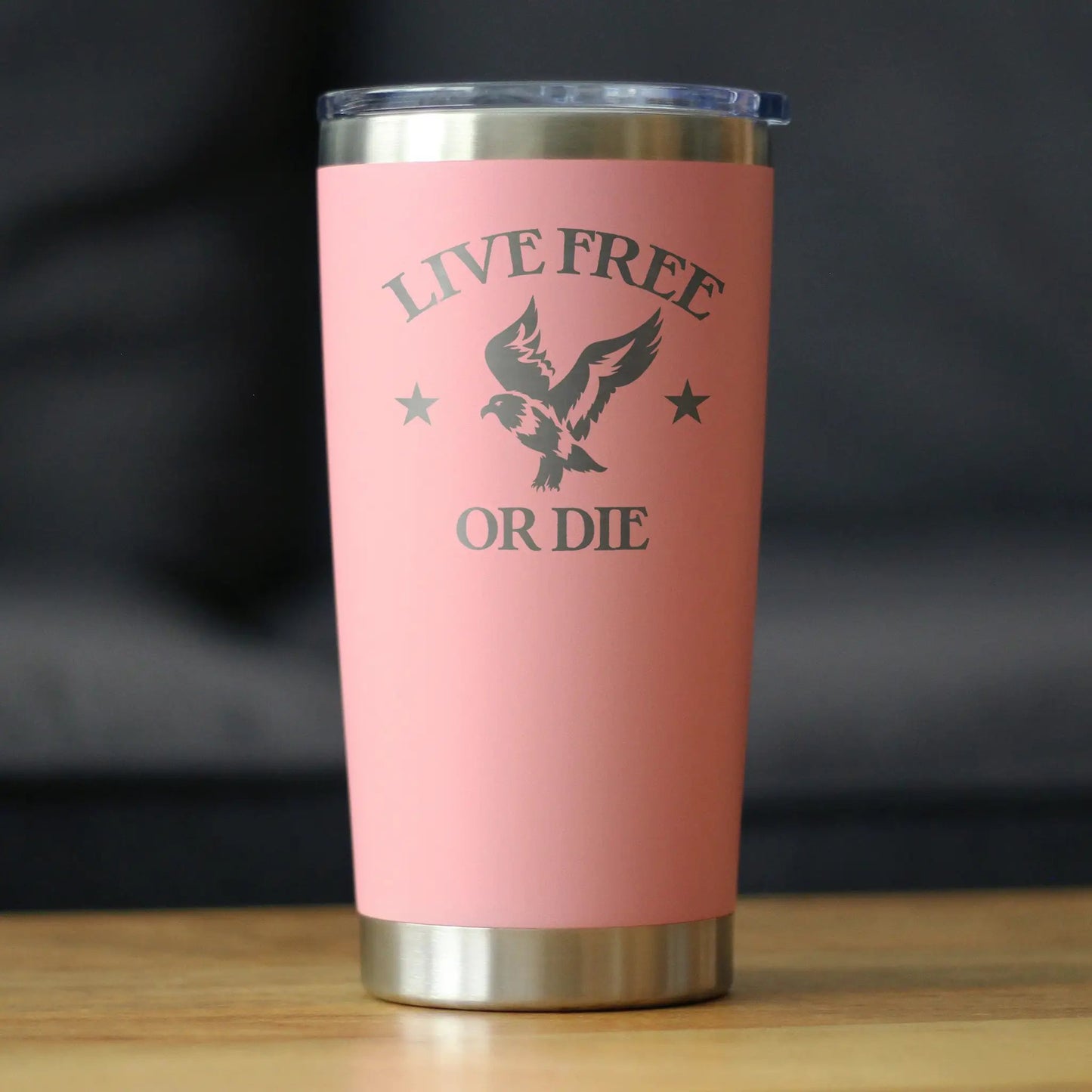 Live Free or Die 20 oz tumbler pink with eagle graphic and silver stainless steel accents on Tampa Home & Garden Store