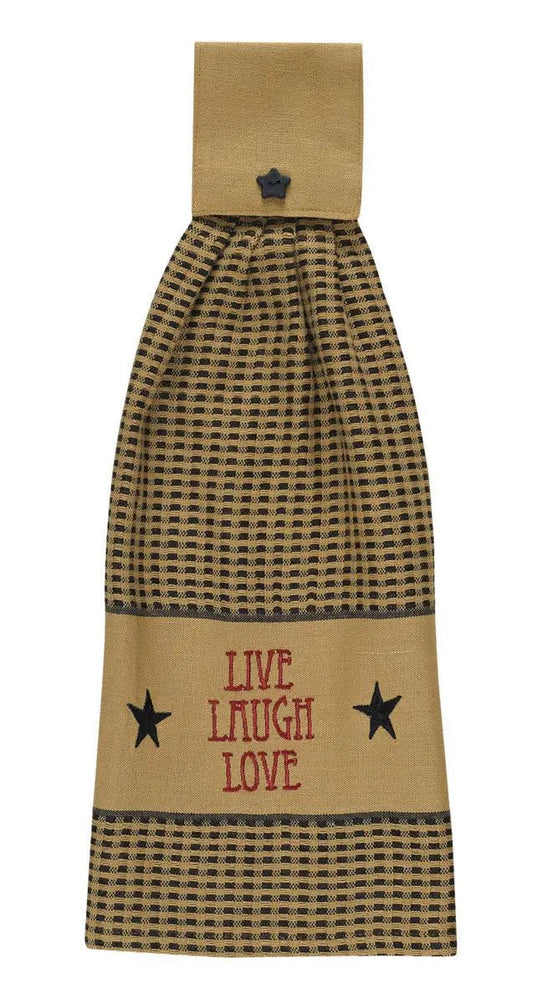 Live Laugh Love Tietop kitchen towel beige black check with stars by The Country Christmas Loft on Tampa Home & Garden Store
