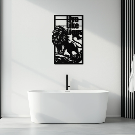 Live Like Lions metal wall art, modern black panel featuring a roaring lion Enova Art on Tampa Home & Garden Store