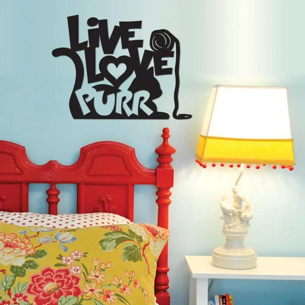 Live Love Purr metal wall art decor for cat lovers with black silhouette on blue wall on Tampa Home & Garden Store
