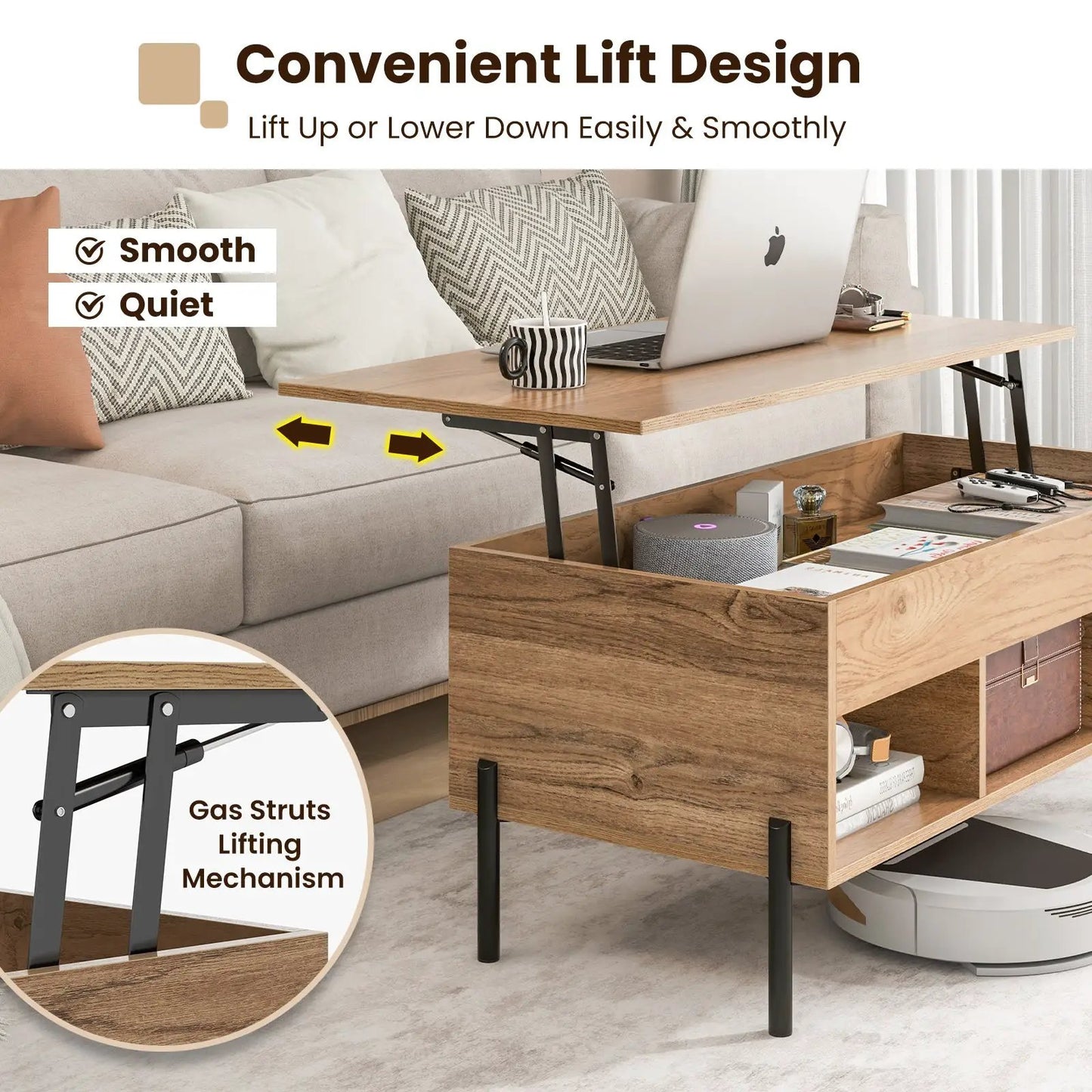 Living Room Table with Lifting Top and Metal Legs, wood finish surface on Tampa Home & Garden Store