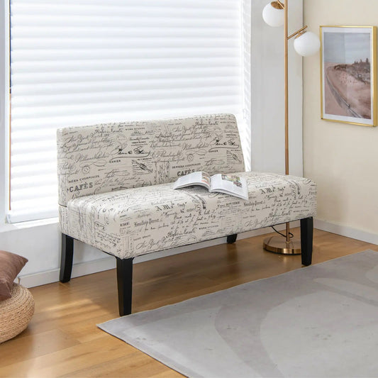 Wooden-leg armless loveseat sofa with cream and black script upholstery DirectDeals on Tampa Home & Garden Store