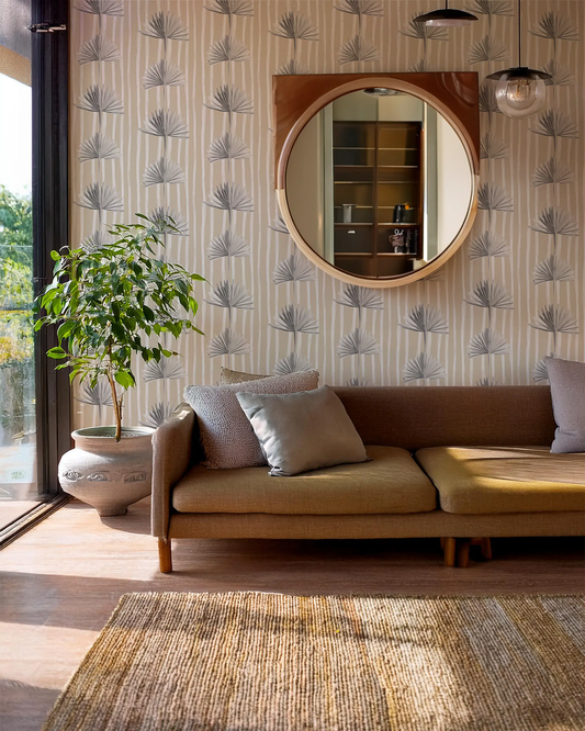 Stripey Palm Wallpaper in neutral and white palm leaf pattern on beige backdrop on Tampa Home & Garden Store