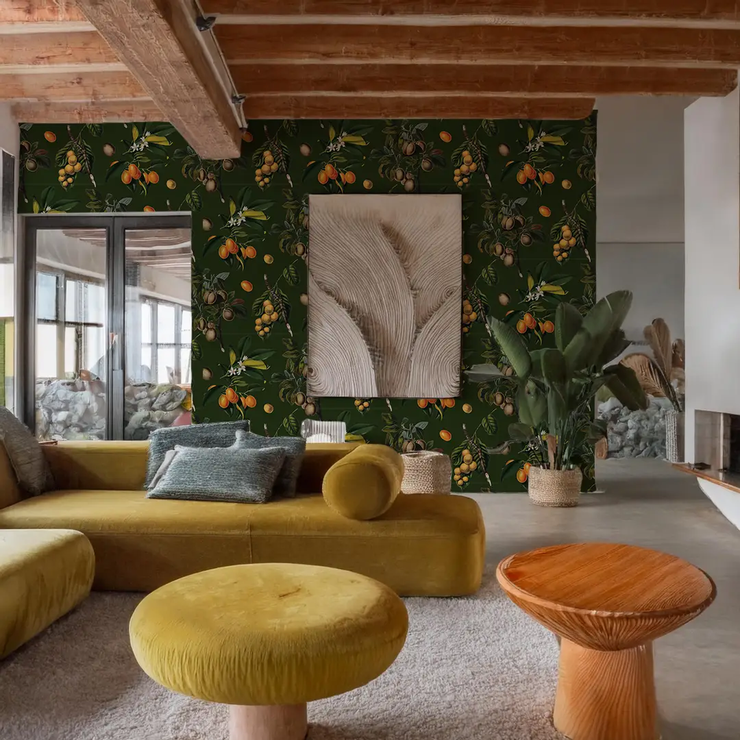 Wallpaper Vintage Orchard Green Peel and Stick with fruit motif for stylish living spaces on Tampa Home & Garden Store