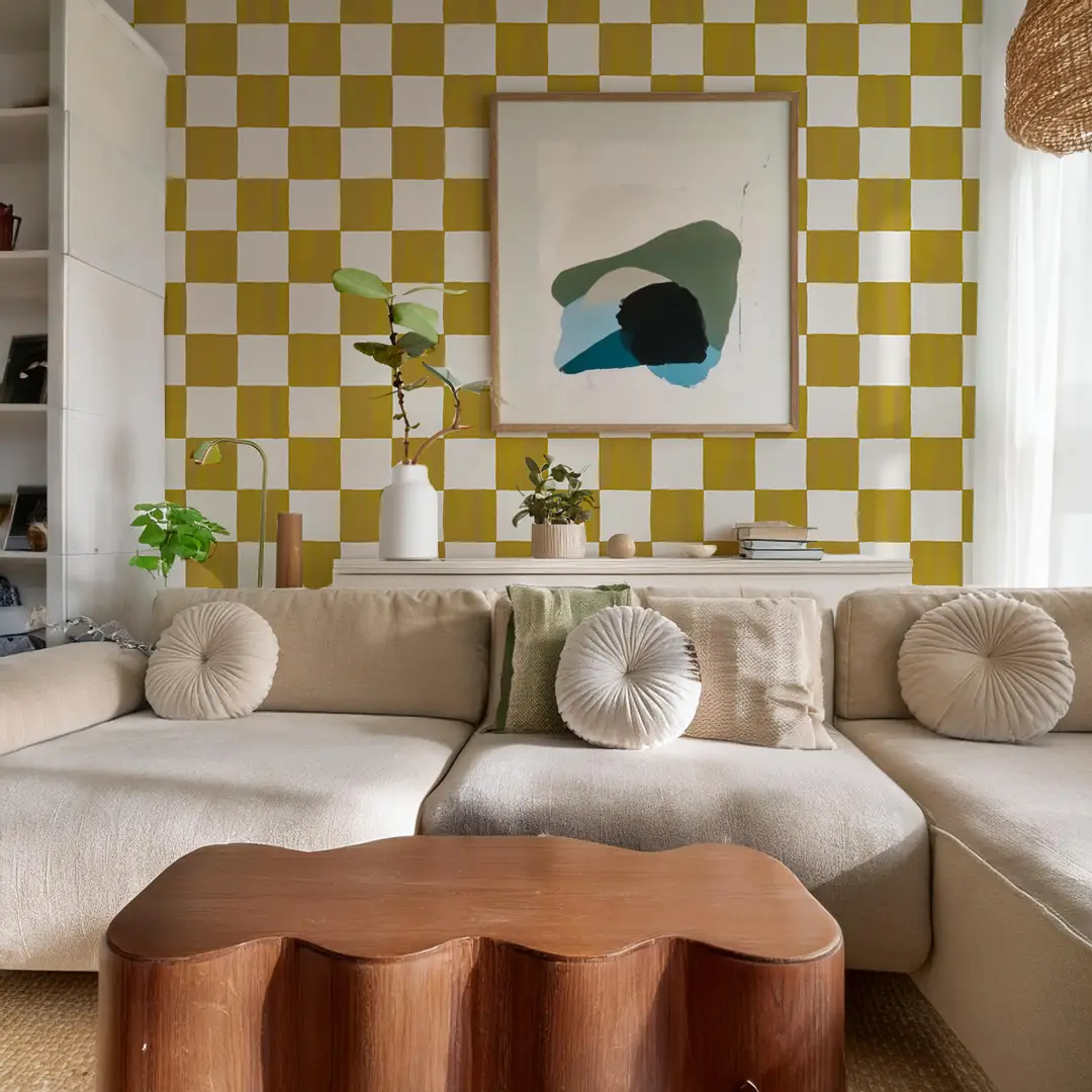 Checkers Wallpaper Mustard Peel and Stick yellow and white checker pattern in living room on Tampa Home & Garden Store