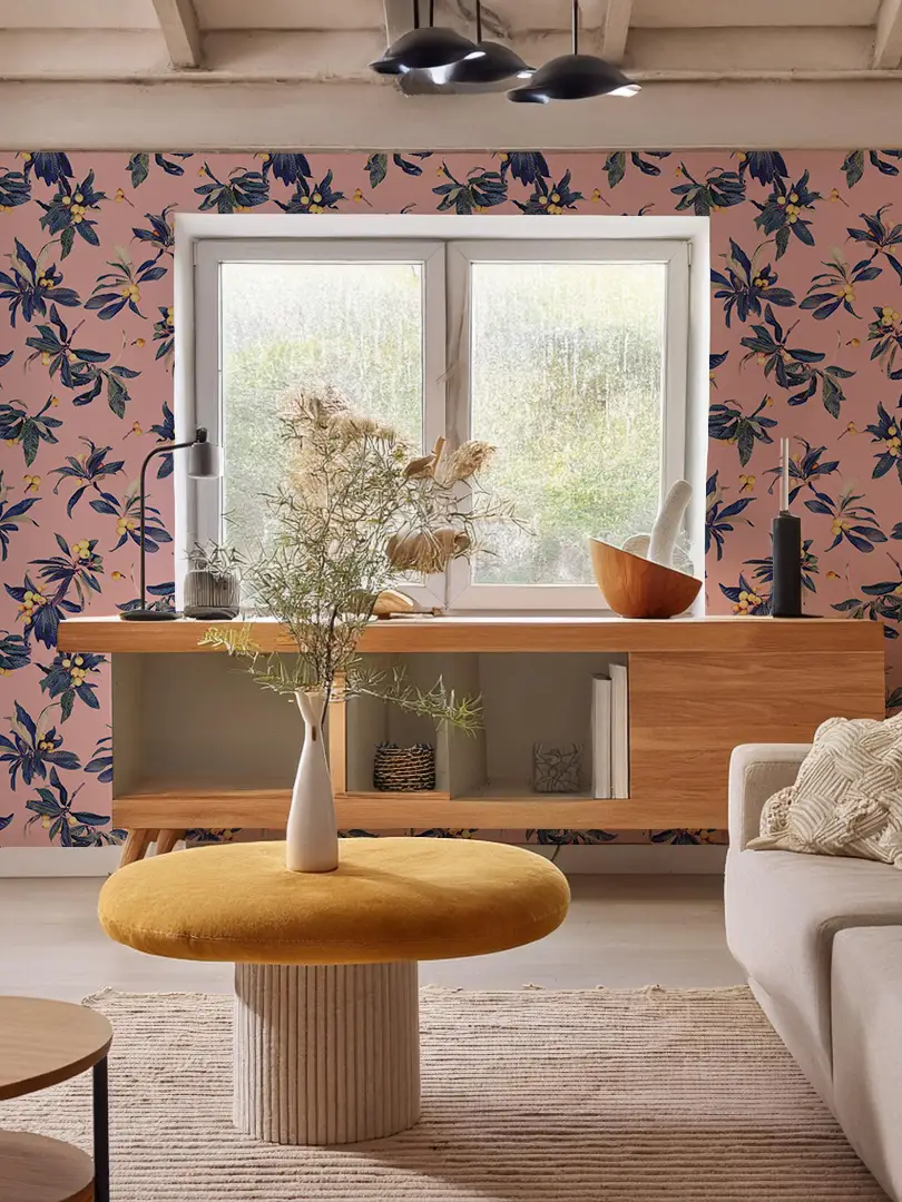 Loquat Love Wallpaper Pink Peel and Stick Vinyl, pink floral wallpaper with blue leaves on Tampa Home & Garden Store