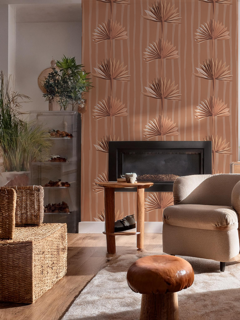 Stripey Palm Wallpaper in Terra Cotta by Samantha Santana Creative with tan palm motifs on Tampa Home & Garden Store