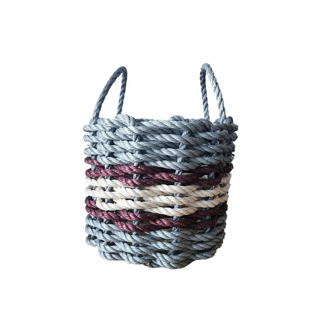 Lobster Rope Basket light gray, tan and burgundy stripes by Little Salty Rope on Tampa Home & Garden Store