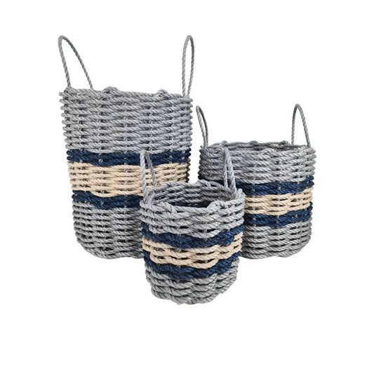 Lobster rope basket set of three in gray with navy and tan stripes, by Little Salty Rope on Tampa Home & Garden Store