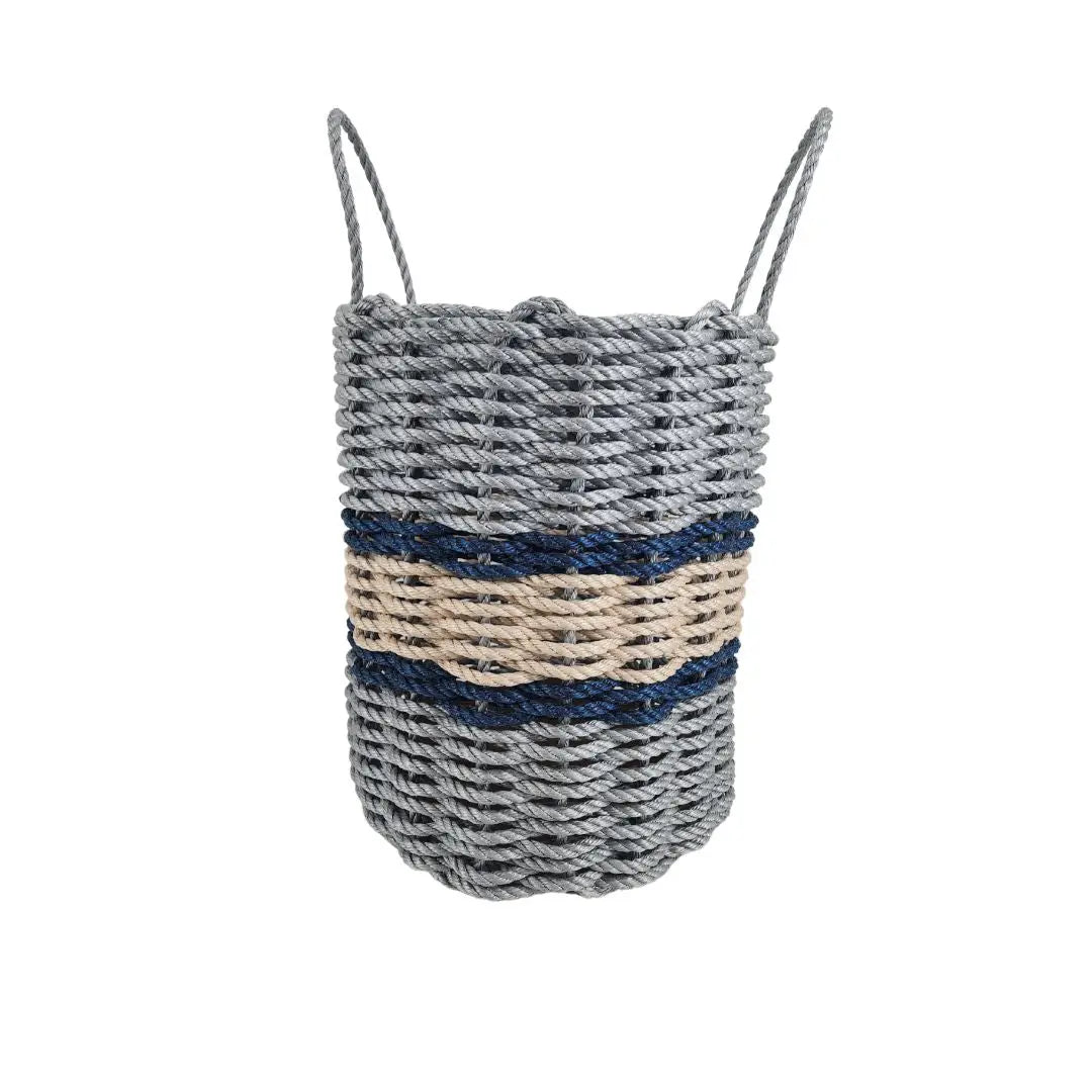 Lobster Rope Basket gray and tan woven rope with navy stripe accents and rope handles on Tampa Home & Garden Store