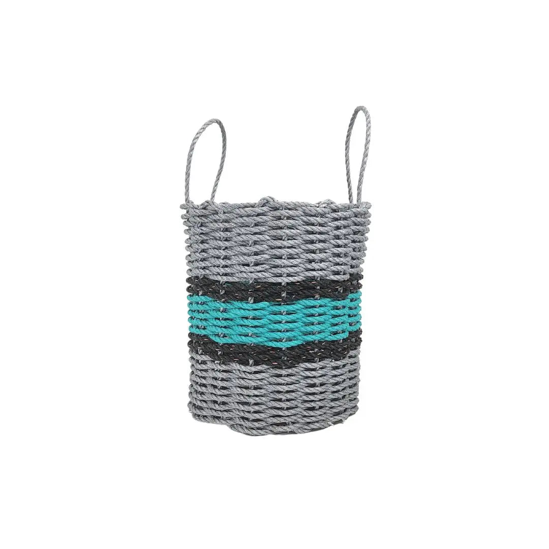Lobster Rope Basket light gray with teal stripe and black accents by Little Salty Rope on Tampa Home & Garden Store