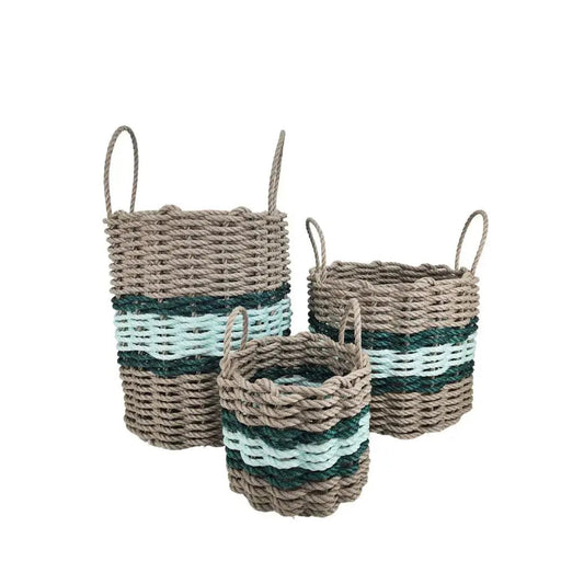 Lobster rope baskets trio in tan with seafoam and dark green stripes on Tampa Home & Garden Store
