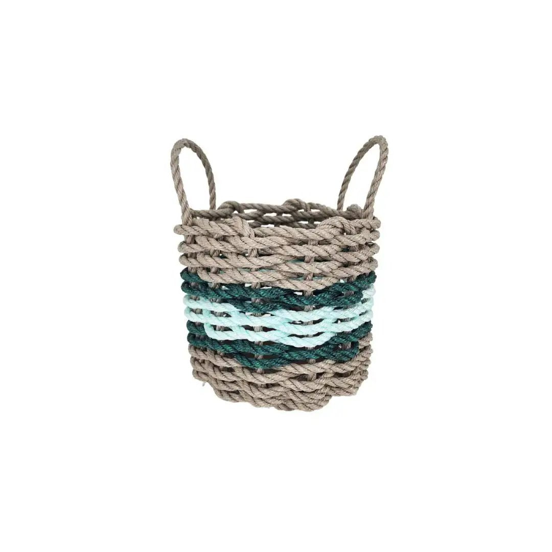 Lobster rope basket in tan and seafoam with dual handles; Little Salty Rope on Tampa Home & Garden Store
