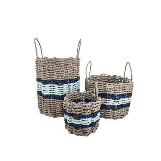 Lobster Rope Basket set of 3 in tan with seafoam and navy stripes on Tampa Home & Garden Store