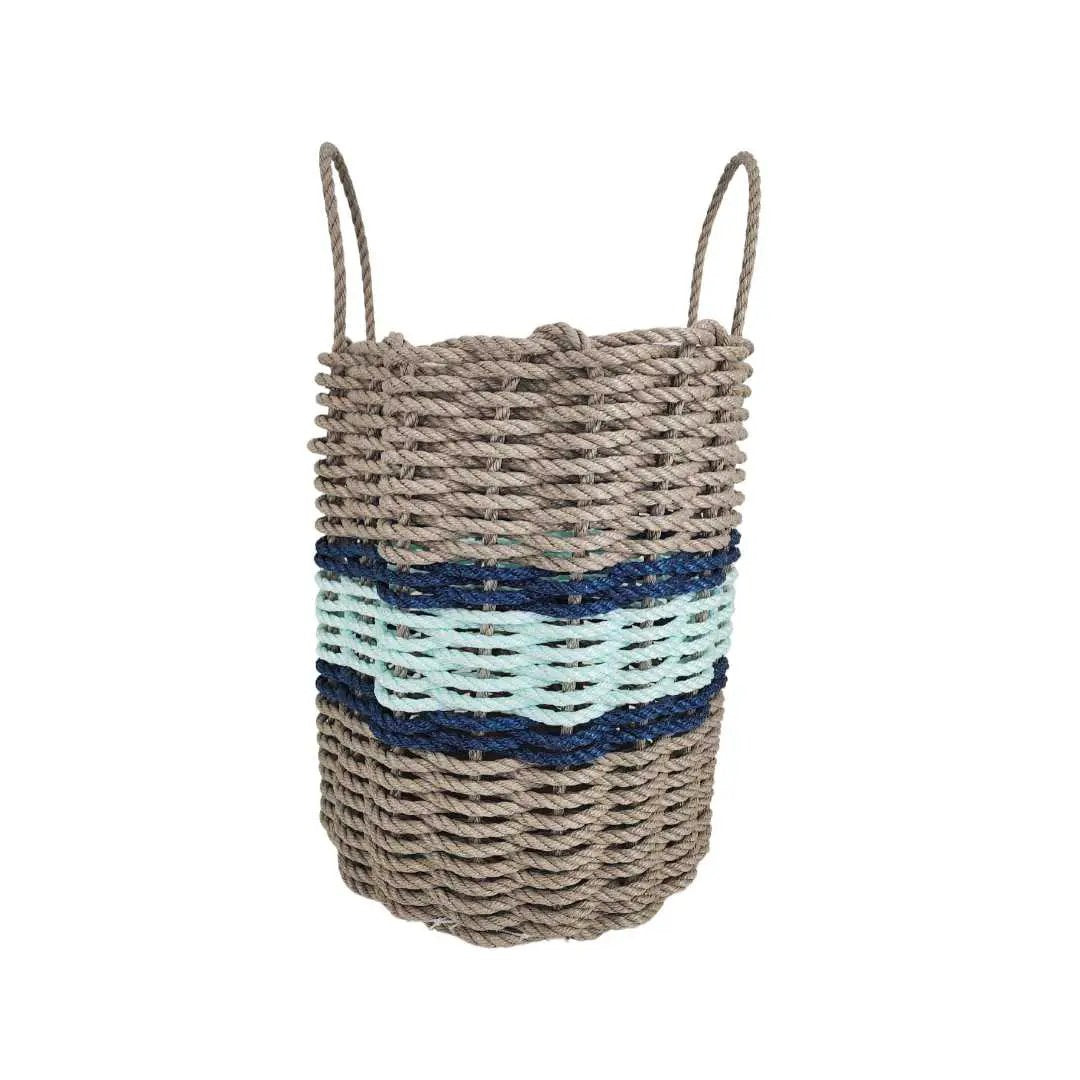 Lobster rope basket tan with seafoam navy stripes, dual handles, handwoven coastal storage on Tampa Home & Garden Store