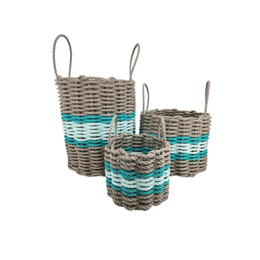 Coastal Lobster Rope Basket trio in tan seafoam and teal stripes rope storage baskets 3-pack on Tampa Home & Garden Store