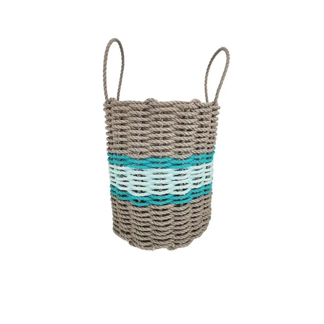 Lobster Rope Basket tan and seafoam with teal stripe, Little Salty Rope on Tampa Home & Garden Store