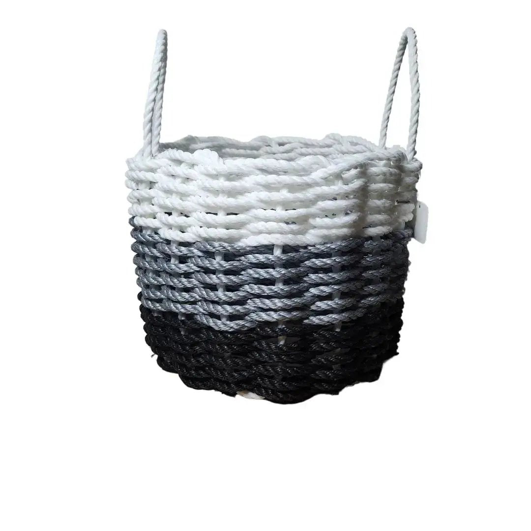 Lobster rope storage basket, white to black ombre, woven with handles on Tampa Home & Garden Store