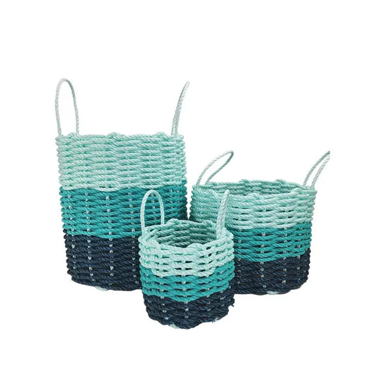 Lobster rope storage basket set of 3 in navy blue to teal handmade by Little Salty Rope on Tampa Home & Garden Store
