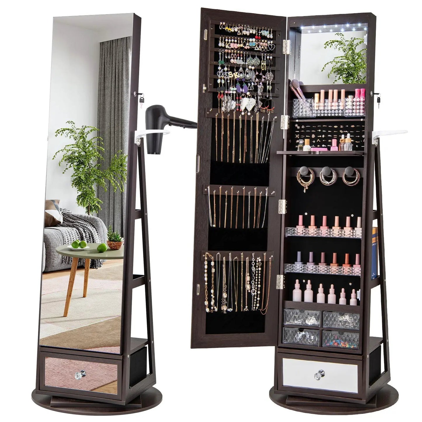 Lockable 360 Degree Jewelry Cabinet With Mirror Walnut LED Lights and ample storage on Tampa Home & Garden Store