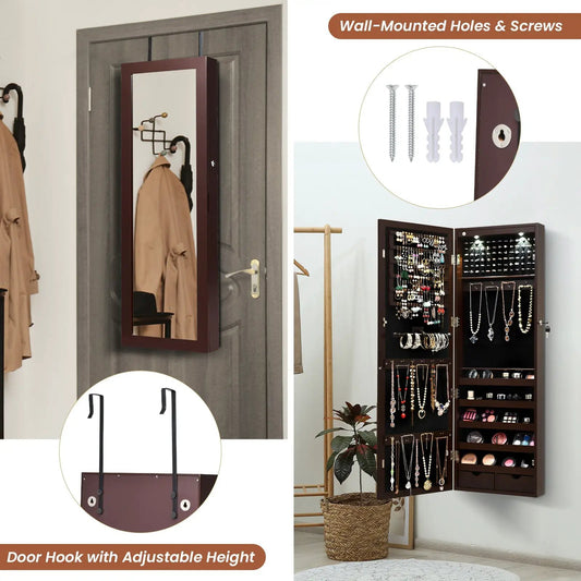 Lockable wall-mount mirrored jewelry cabinet with LED lights, burgundy finish by DirectDeals on Tampa Home & Garden Store