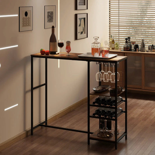 Long bar table with storage shelves in rustic brown wood and black metal frame with wine on top on Tampa Home & Garden Store