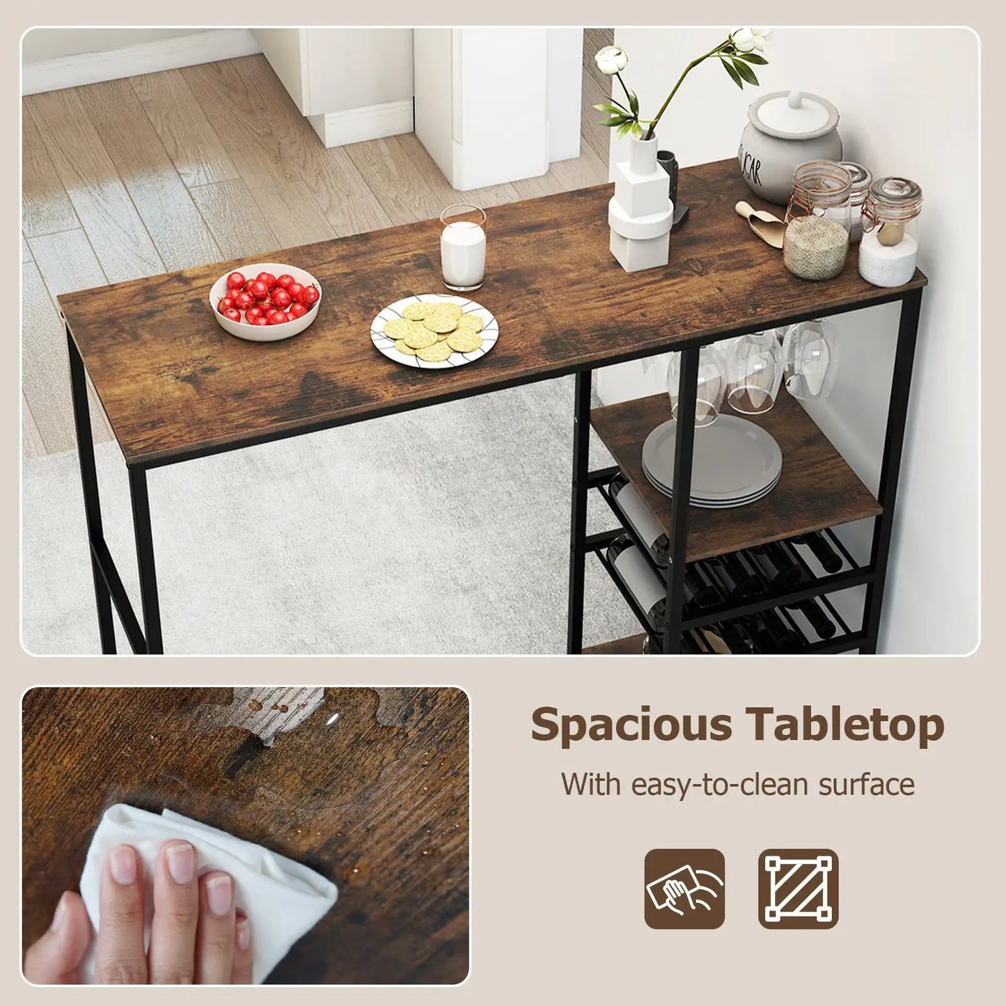 Long bar table with storage shelves, rustic brown wood top and black metal frame on Tampa Home & Garden Store