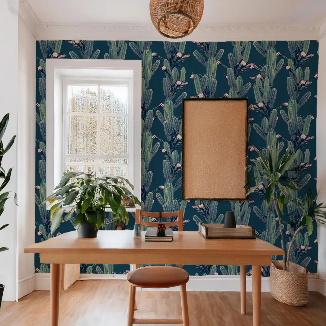 Wallpaper Blue Los Cactus by Samantha Santana Creative with teal cactus pattern on dark teal wall on Tampa Home & Garden Store