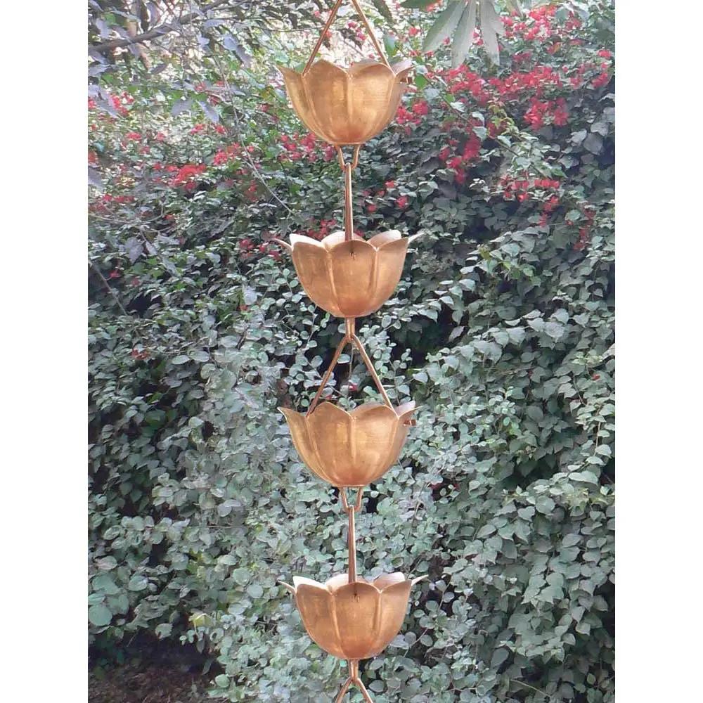 Lotus Flower Copper Rain Chain for Downspouts with four copper lotus cups on Tampa Home & Garden Store