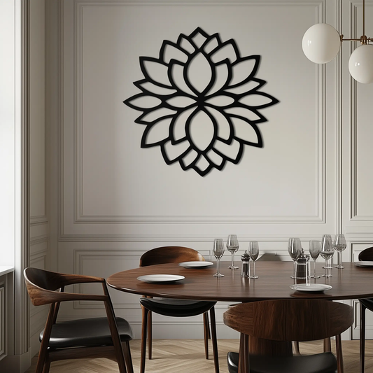 Lotus Flower Silhouette Metal Wall Art Black; modern black lotus wall decor on paneled wall on Tampa Home & Garden Store