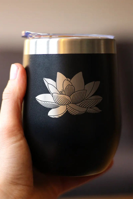 Lotus Flower Wine Tumbler with Sliding Lid by bevvee, black matte finish on Tampa Home & Garden Store