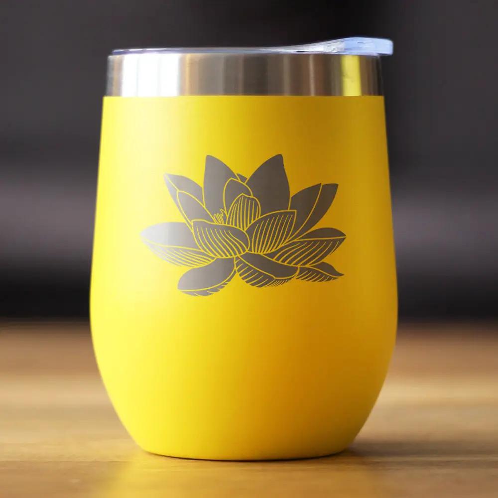Lotus Flower Wine Tumbler with Sliding Lid by bevvee, bright yellow with gray lotus motif on Tampa Home & Garden Store