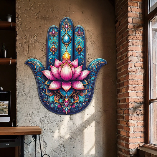 Lotus Hamsa Hand UV print metal wall art by Enova Art blue panels with pink lotus petals on Tampa Home & Garden Store