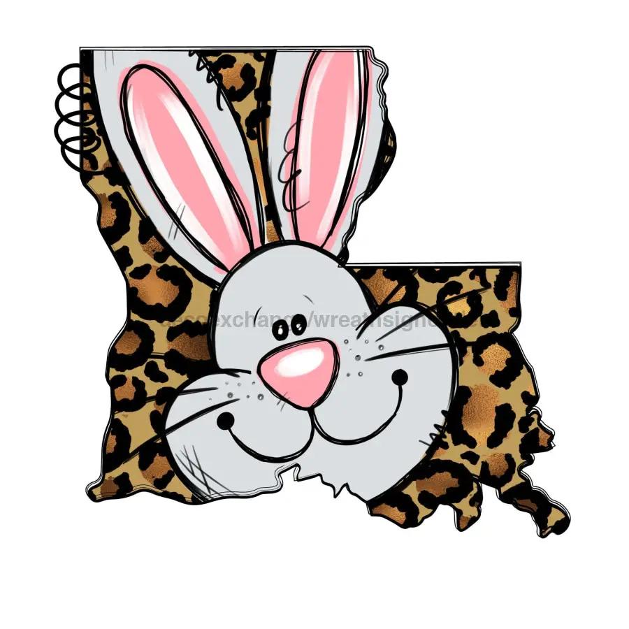 Louisiana Easter door hanger wood sign with a gray bunny and pink ears on leopard print on Tampa Home & Garden Store
