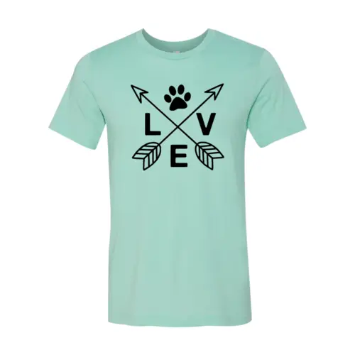 Love T Shirt mint teal premium ring spun cotton with LOVE graphic and crossed arrows paw print on Tampa Home & Garden Store