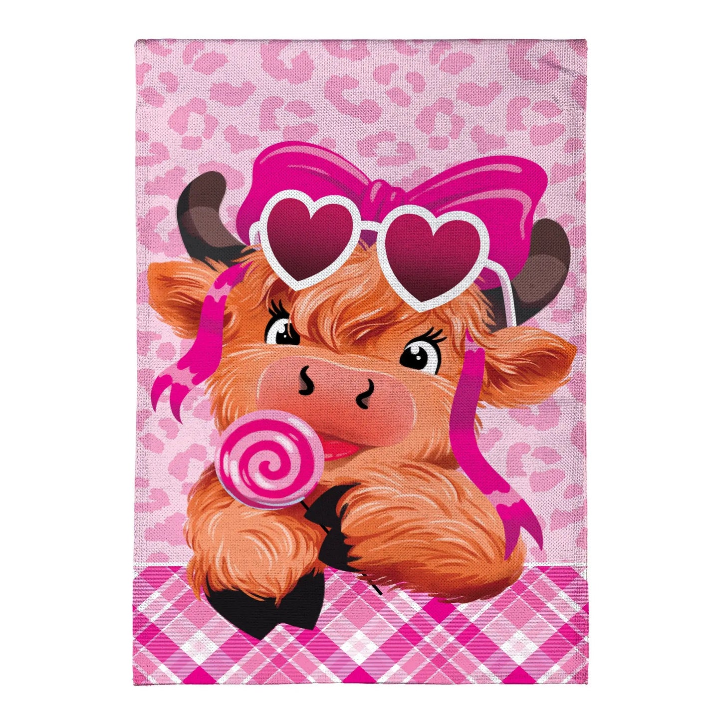 Lovely Laverne Highland Cow Burlap Garden Flag with pink leopard background and lollipop motif on Tampa Home & Garden Store