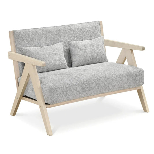 Compact loveseat sofa with light gray padded cushions and two pillows on rubber wood frame on Tampa Home & Garden Store