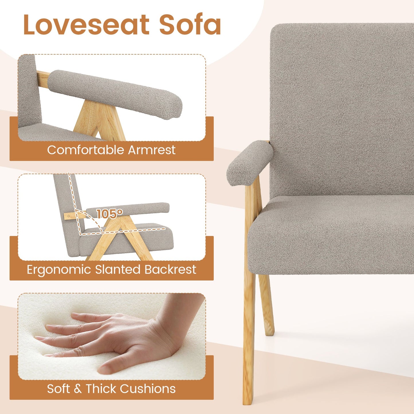 Loveseat Sofa with Armrests and Wooden Legs, beige or gray fabric on Tampa Home & Garden Store