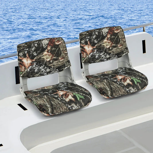 Low back folding camo boat seats pair with padded cushions and 4-bolt mounts on Tampa Home & Garden Store