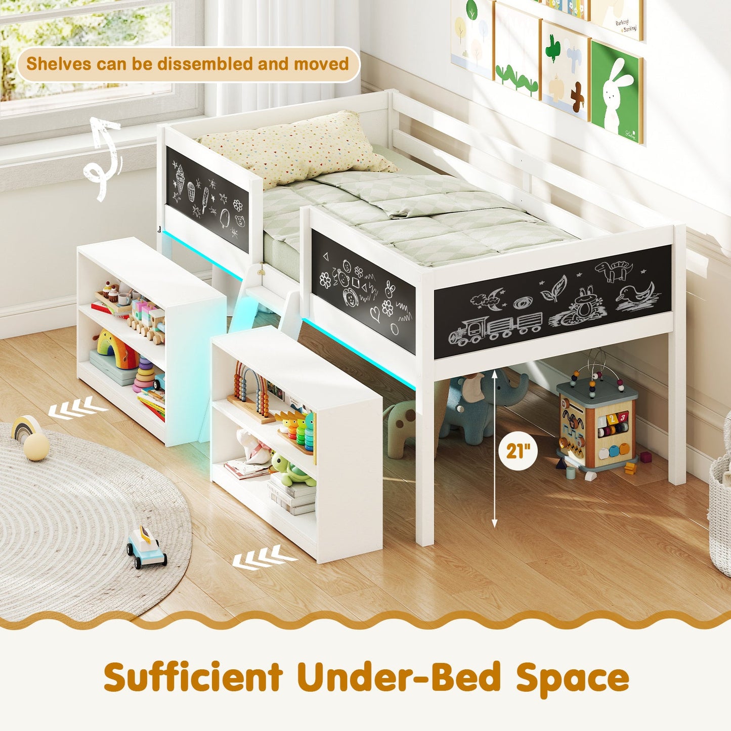 Cama baja con luces LED, cabina para niños con estanterías - Blanco