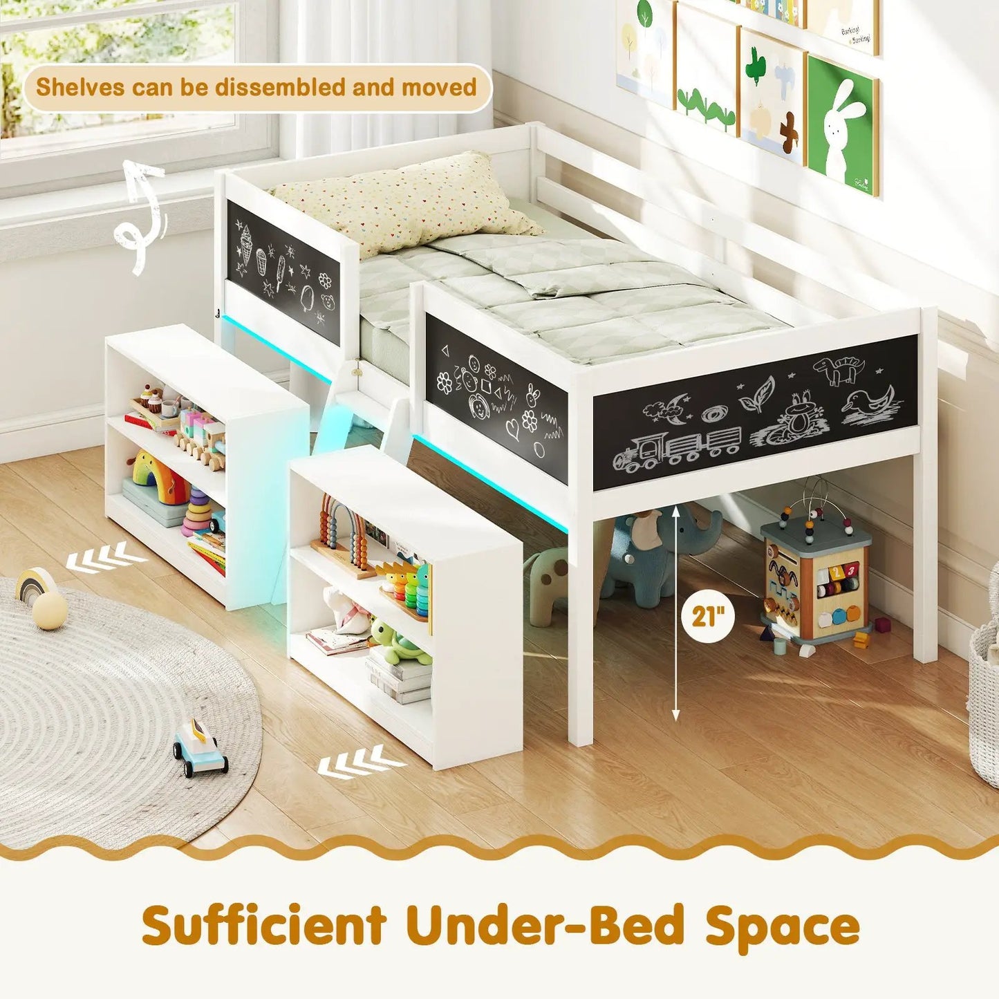 Low Loft Bed with LED Lights Kid's Cabin Bed with Bookcases-White - Tampa Home & Garden Store