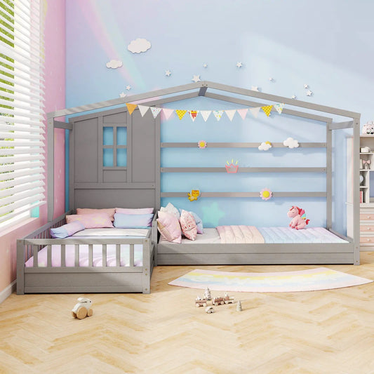 L Shaped Double Twin Bed With Safety Rails gray wooden platform bed DirectDeals on Tampa Home & Garden Store