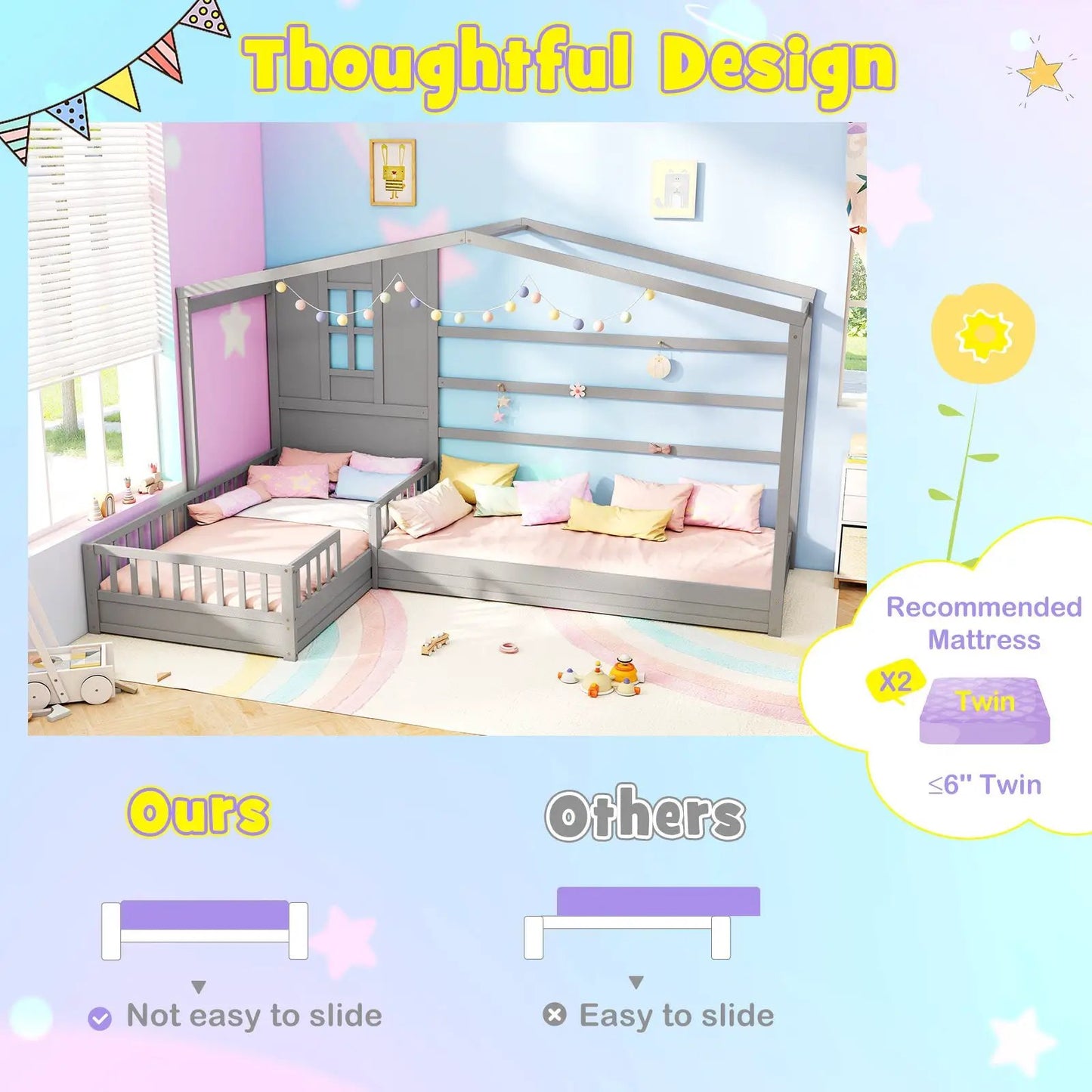 L-Shaped Double Twin Bed With Safety Rails in gray, space-saving platform frame by DirectDeals on Tampa Home & Garden Store