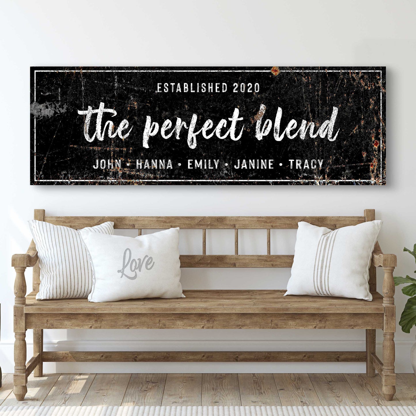 The Perfect Blend sign canvas black distressed with white script 2020 Tailored Canvases on Tampa Home & Garden Store