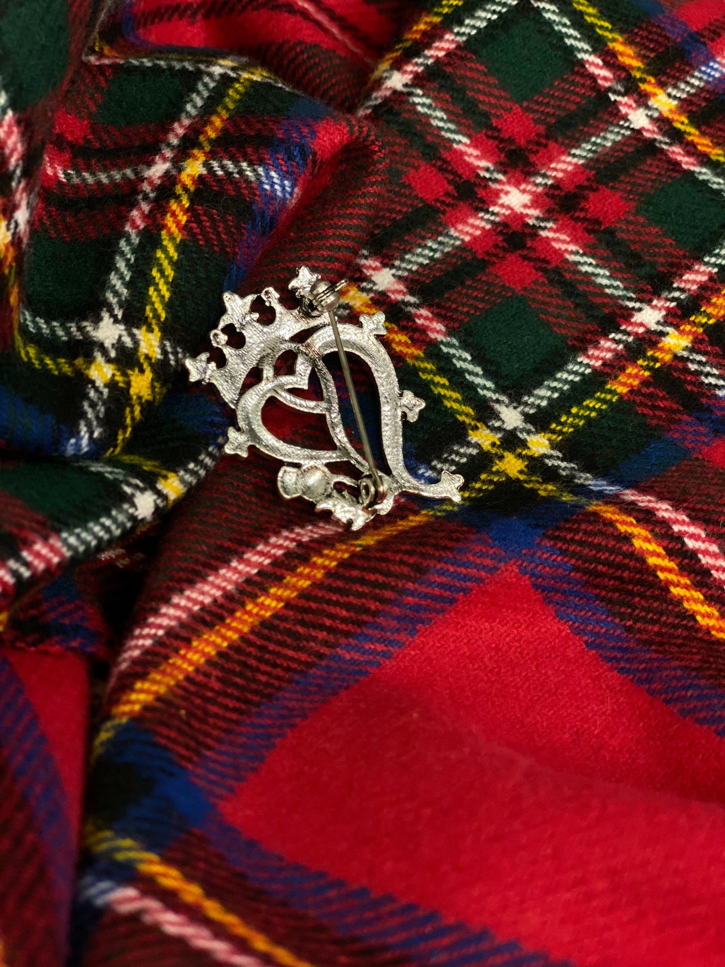 Luckenbooth Heart Brooch with Thistle Crown, silver tone pin on red-green plaid fabric on Tampa Home & Garden Store