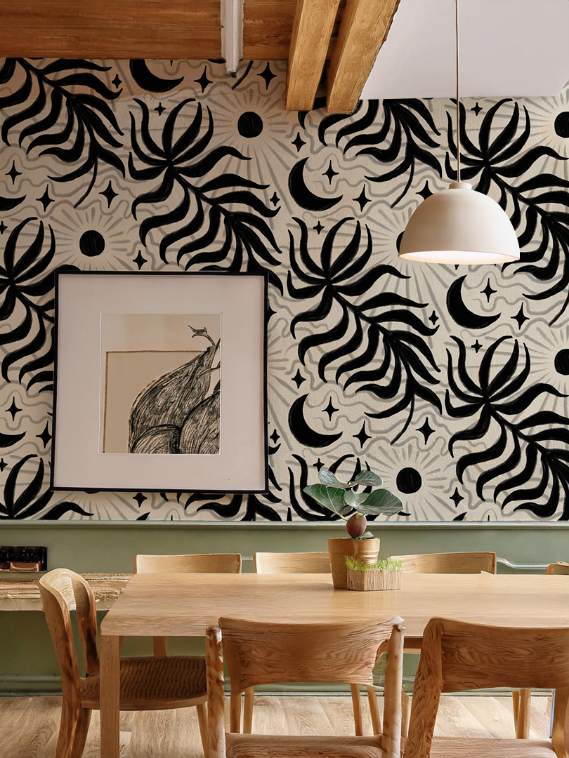 Lunar Leaf Wallpaper, beige and black - Tampa Home & Garden Store