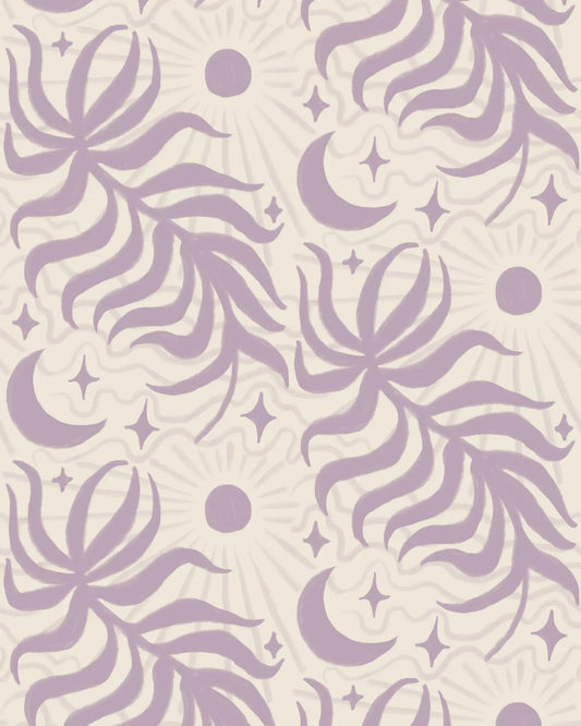 Lunar Leaf wallpaper beige and lavender by Samantha Santana Creative with sunbursts and moons on Tampa Home & Garden Store