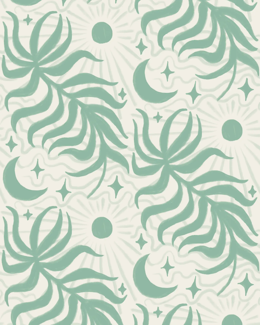 Lunar Leaf wallpaper beige and mint with teal leaf motifs and moon accents on Tampa Home & Garden Store